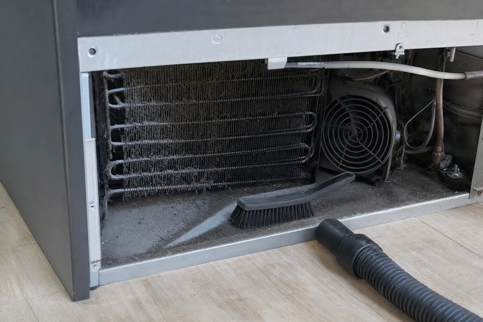 Condenser coil and fan clogged with gray dust at the base of a refrigerator, a stiff brush and a vacuum hose beside it