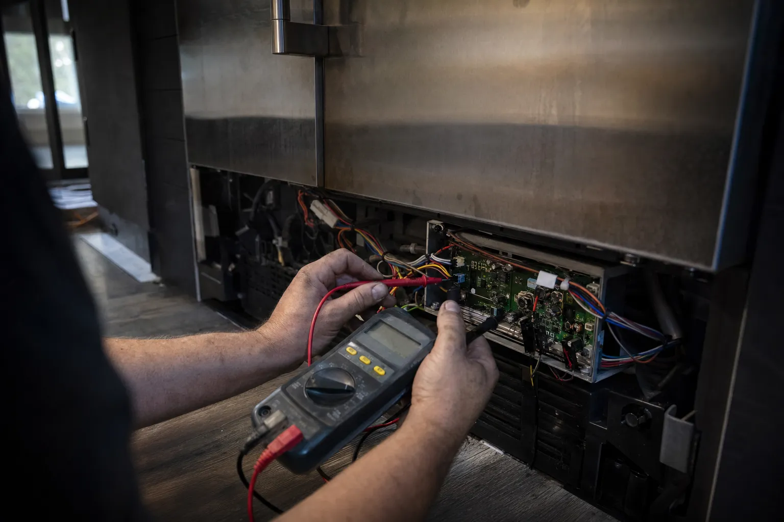 Multimeter leads on a green control board exposed beneath the stainless front of a built-in unit
