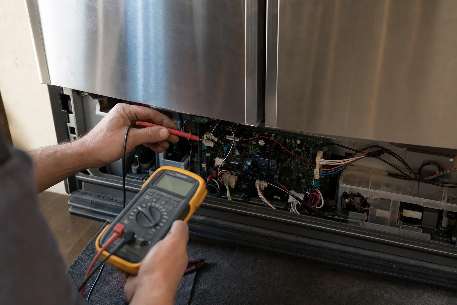 Yellow multimeter testing a control board behind the base panel of a stainless two-door refrigerator