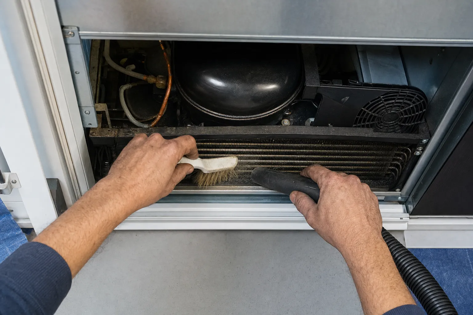 Soft brush and vacuum nozzle working along a condenser coil below the compressor of a built-in unit